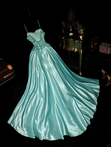 Stunning A Line Spaghetti Strap Beaded Blue Satin Long Prom Dress Party Dress HZ1023